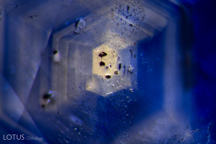 This blue sapphire displays distinct hexagonal color zoning, with crystal inclusions occurring within the pale yellow core.