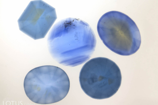Four titanium lattice-diffused sapphires surround a natural untreated sapphire. The characteristic dark girdles and highlighted facet junctions of the lattice-diffused sapphires are readily apparent.