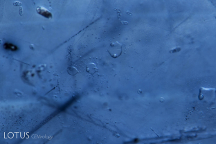This Burmese sapphire was diffused with titanium to induce both a blue color and a star. One can see bleeding of blue color into both surface openings and melted crystals due to the high temperatures used.