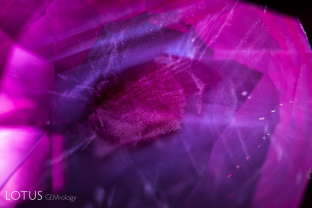Angular growth zoning, along with fine texture clouds and exsolved particles.