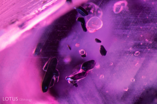 Several dark primary rutile crystals are visible in this Mogok ruby.