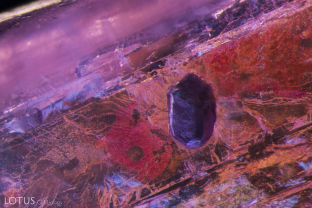 A dark opaque metallic crystal is embedded in a fissure with orange staining.