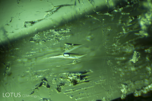 The three-phase inclusion featuring a jagged-edged cavity enclosing a saline solution with a gas bubble and halite (rock salt) crystal is the hallmark of the Colombian emerald. While three-phase inclusions have been found in emeralds from other countries, they are extremely common in Colombian stones.