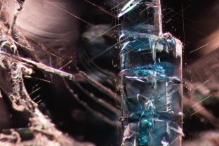 These blue crystals stand out in their host, a garnet from Tanzania. Analysis with micro Raman revealed they are apatite. Specimen courtesy of Mark Saul. Fabrication courtesy of Indy Khurana.