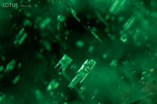 Blocky two-phase inclusions like those pictured here are often found in emeralds from Zambia and other schist-hosted origins. The bubbles seen inside are carbon dioxide. Specimen courtesy Gemfields.