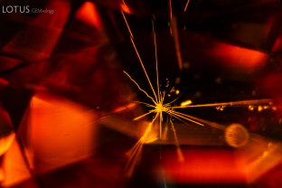 Lightning in a bottle. Intersecting tubes radiate from the center of this garnet. Specimen courtesy Nomad’s.