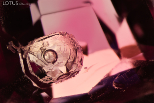 A gas bubble floats inside this cavity in a spinel from Burma. To date, we have not been able to verify whether this is a natural or man-made feature. Specimen courtesy Gil Yuda.