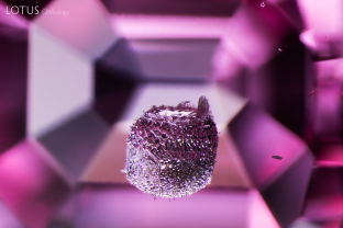 A strikingly textured crystal, likely metal sulfide, is beautifully suspended within this spinel. Sample courtesy Pamir Gems.