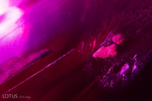Melted crystals and boehmite needles in a heat-treated ruby from Mozambique.