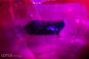 Deep blue core and diaspore silk within an unheated ruby from Mong Hsu, Burma. Heat treatment is typically performed to remove this blue color. Its presence suggests the stone has not been heated.