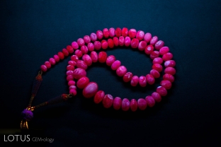 This necklace of ruby beads from Mogok, Burma was high-temperature heat treated. The treatment was easily unmasked by examination in short-wave ultraviolet light, where the beads displayed a characteristic zoned chalky red fluorescence.