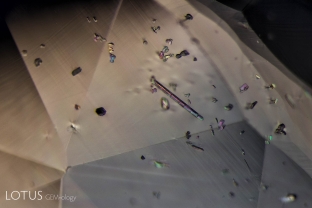 Tiny birefringent crystals in a Madagascar sapphire. When viewed between crossed polars, their doubly refractive nature becomes obvious.