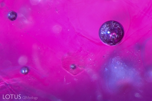 Rounded gas bubbles within the glass portion of a glass-filled ruby hybrid.