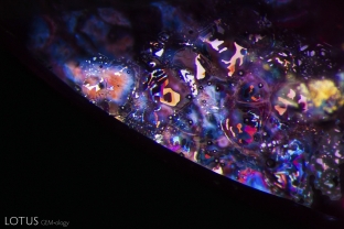 Thin films shine when illuminated with oblique fiber optic light in this Thai/Cambodian ruby.