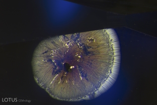 Discoid fissure surrounding a black crystal in a basaltic sapphire.