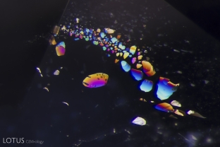 Iridescent negative crystals form a rainbow mosaic in this sapphire.