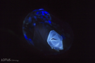 “Superficial” patches of chalky shortwave fluorescence are occasionally found in Madagascar sapphire. These tend to have very sharp edges and appear just on the surface.