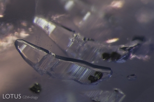 Negative crystals like these can trap other materials inside, forming a natural time capsule. In this case, we can see small black flakes of graphite suspended within the negative crystals in this unheated sapphire from Sri Lanka. Pristine negative crystals such as this offer evidence that the gem has not been subjected to heat treatment.