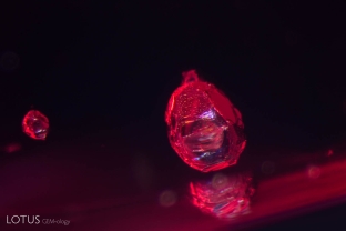 Two solid crystals of unknown identity perch inside this red spinel from Myanmar’s Mogok Stone Tract.